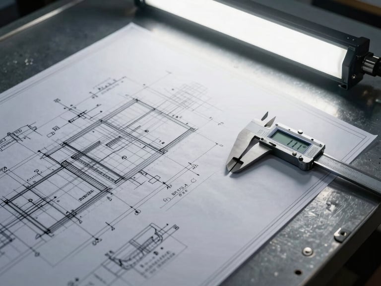 Extreme close-up overhead shot of a large-format engineering schematic drawing on a steel drafting table, precise pencil annotations and dimension lines visible, a digital caliper resting on the blueprint edge, cool studio strobe lighting from above, no people