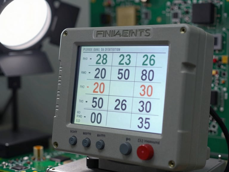 Extreme close-up of a precision digital measurement instrument display on an industrial panel, backlit screen showing electrical grounding measurement readings in numeric format, metal housing with calibration labels visible, cool studio strobe lighting from the upper left, shallow depth of field blurring circuit board background