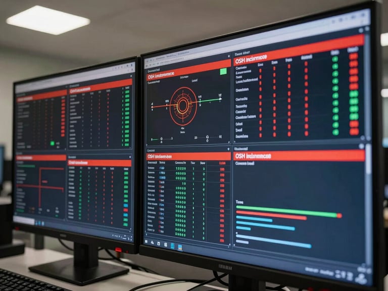 Wide shot of an industrial control dashboard on a large monitor, showing real-time OSH compliance metrics, inspection schedules, and risk indicators in a dark-themed UI with red accent highlights, ambient overhead lighting in a modern operations room, extreme close-up of the screen filling the frame