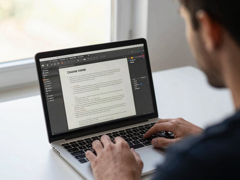 Over-shoulder view of an instructor reviewing a course page on a laptop screen mid-edit, visible text and module structure on screen, plain workspace, north-facing window light, honest documentary framing