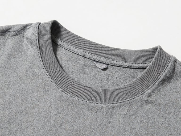 Stark studio product shot of a desaturated grey t-shirt collar, extreme close-up showing the thick ribbed texture and tight double-stitching, cold lighting.