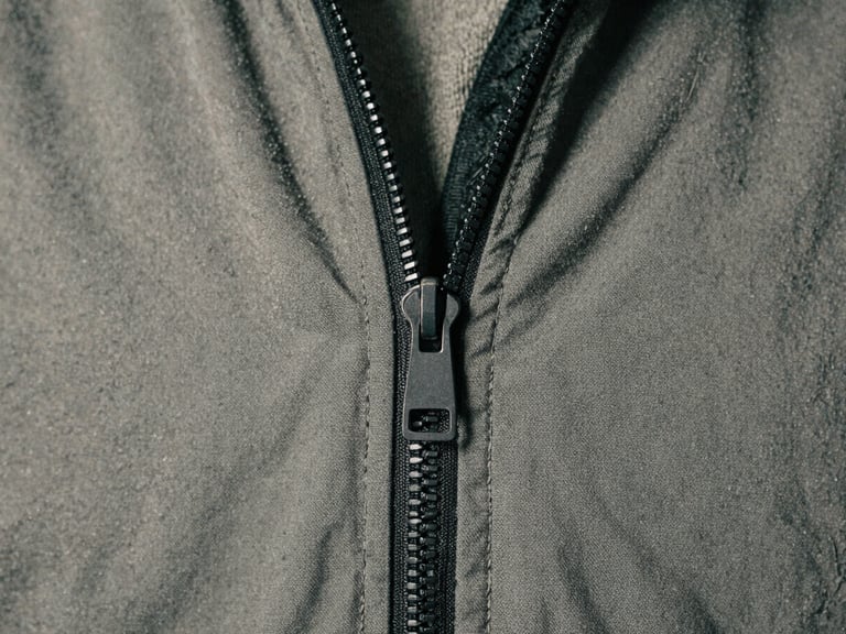 Extreme close-up of a matte black metal zipper on a heavy cotton jacket, stark studio strobe lighting, desaturated concrete background.