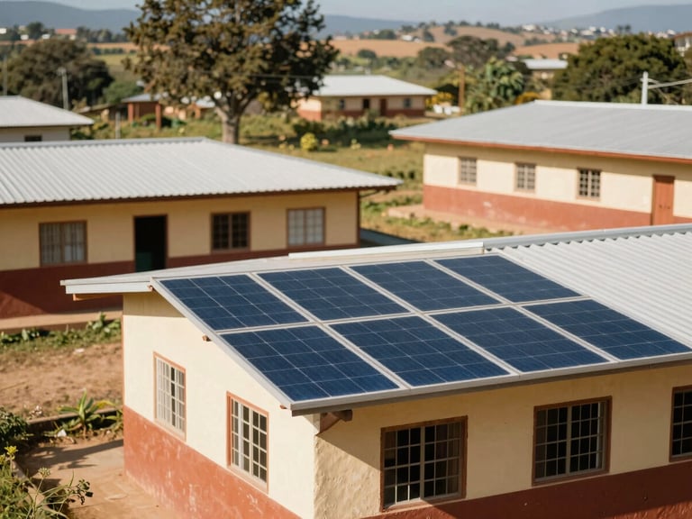 Warm editorial photography of solar panels integrated into rural Latin American school architecture, bright natural sunlight, authentic community-focused