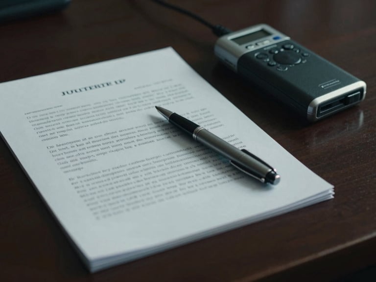 Close-up of a legal brief with a pen and a secure, encrypted communication device on a dark polished desk, dramatic low-key lighting, cool tones, sharp focus.