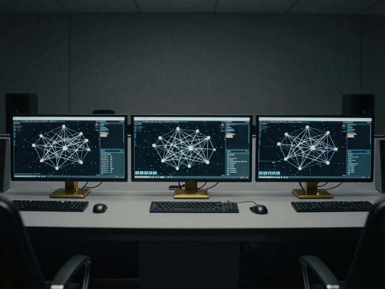 Wide shot of a secure, minimalist control room monitor displaying a complex network diagram, subtle brass accents on equipment, high contrast, cool tones.