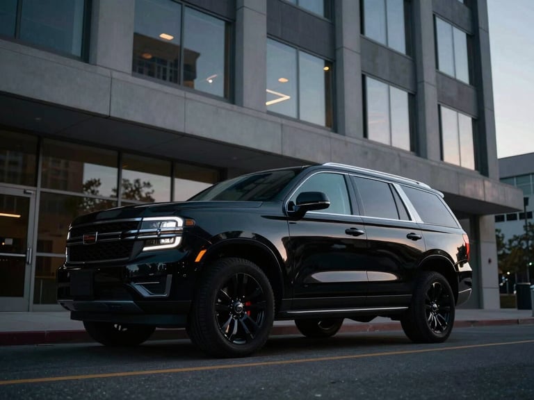 Low-angle shot of a sleek, black, late-model armored SUV parked discreetly outside a modern Denver office building at dusk, cool tones, high contrast, cinematic.