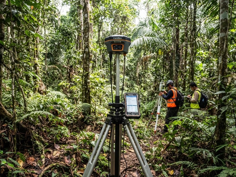 Wide panoramic view of a ComNav GNSS receiver mounted on a surveying pole in a dense Indonesian tropical forest, technicians in safety vests in the background, bright natural daylight, high-contrast technical details, 50mm lens.