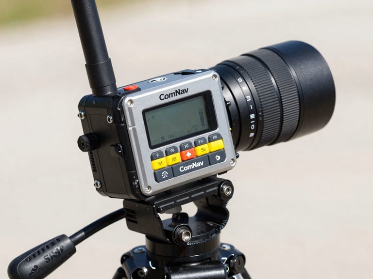 Close-up of a rugged ComNav GNSS receiver on a tripod, showing detailed hardware and multi-constellation tracking capabilities, bright daylight, 50mm lens.