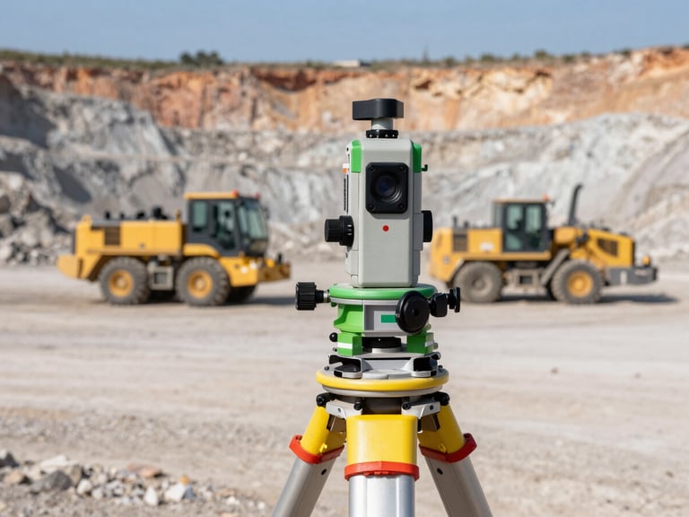 GNSS receiver mounted on a surveying pole in an open-pit mine, with heavy machinery in the background, under bright daylight. Eye-level medium shot, sharp industrial photography.