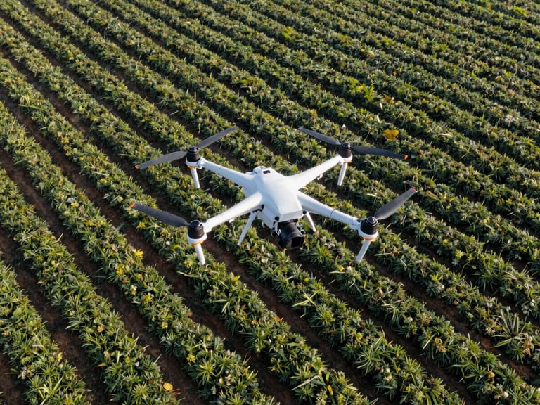 Aerial drone flying over a plantation, capturing high-resolution imagery for boundary mapping, bright morning sun. Eye-level medium shot, sharp industrial photography.