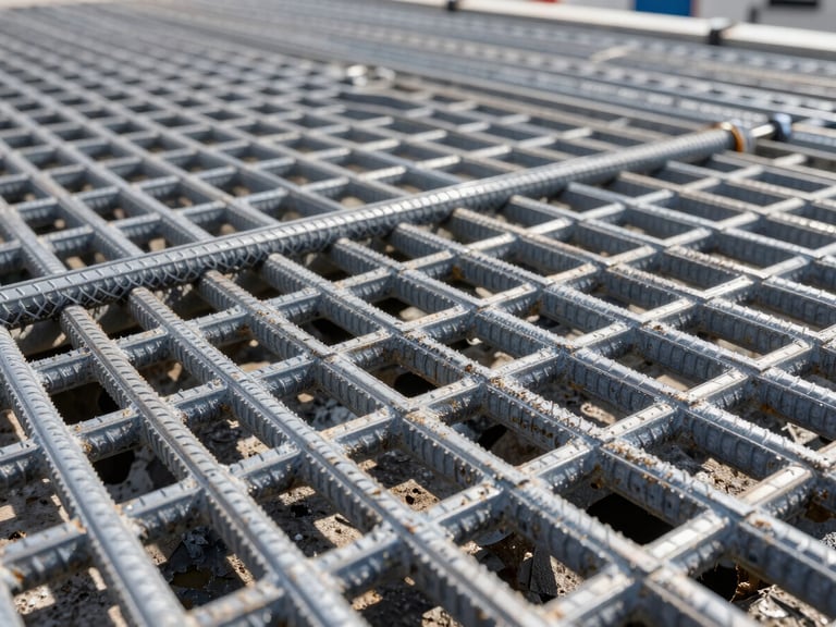 Macro shot of GFRP rebar grid installed in a saltwater marine dock, crisp focus on ribbed textures, bright daylight