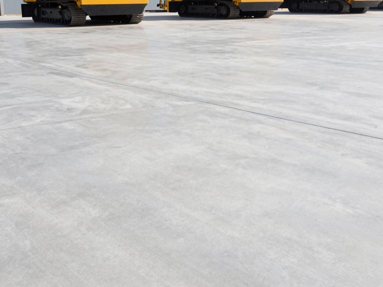 Wide-angle industrial flooring shot with heavy machinery, smooth concrete surface, bright daylight