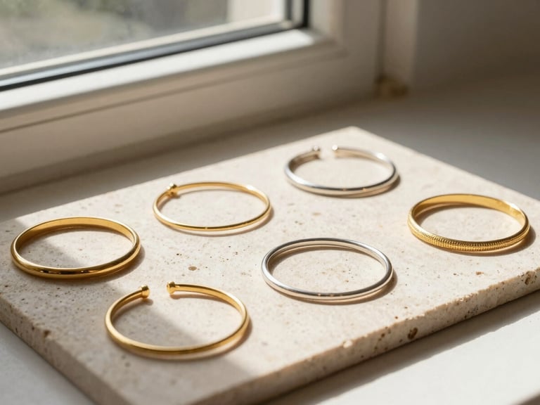 Warm side-lit window sun illuminating a flat lay of gold and silver bracelets on textured stone slabs, minimal styling, 35mm lens