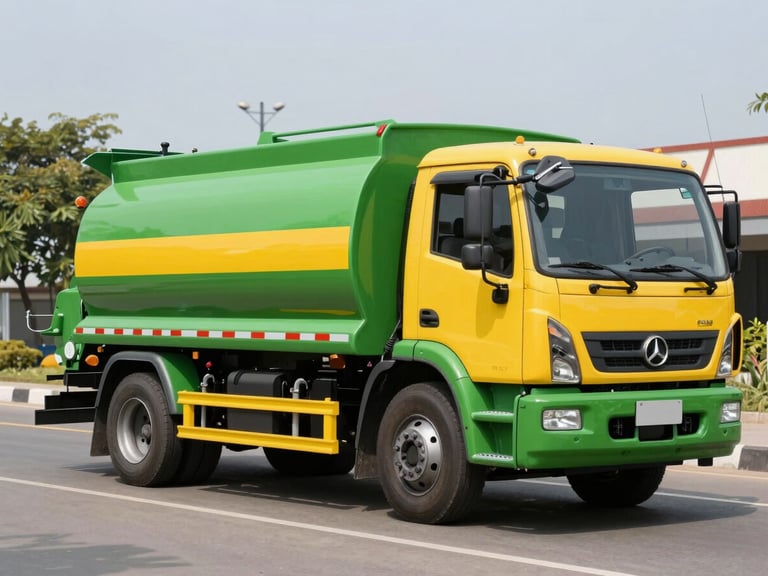 A clean modern green and yellow vacuum truck parked neatly on a clean Karawang street, bright daylight, professional commercial photography, sharp focus