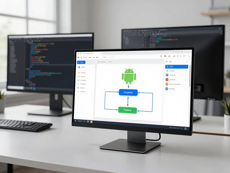 Wide environmental shot of a developer workstation showing an Android emulator with a data-pipeline monitoring app, code editor open in the background, north-facing daylight, clean desk, no people