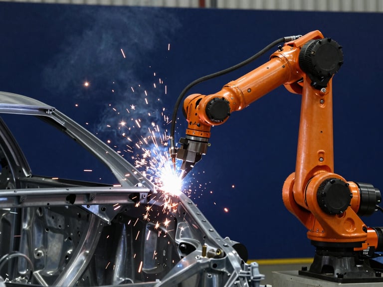 Robotic arm performing precise spot welding on a car chassis, bright sparks, deep navy background, sharp focus, 35mm.