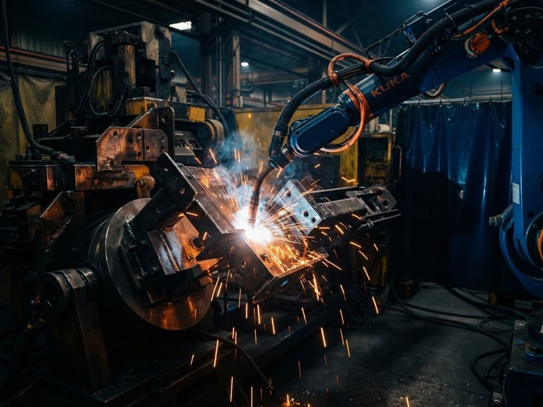 Sharp industrial photography, close-up of a robotic welding cell in action with safety orange sparks and deep navy metal structures, crisp focus, 35mm