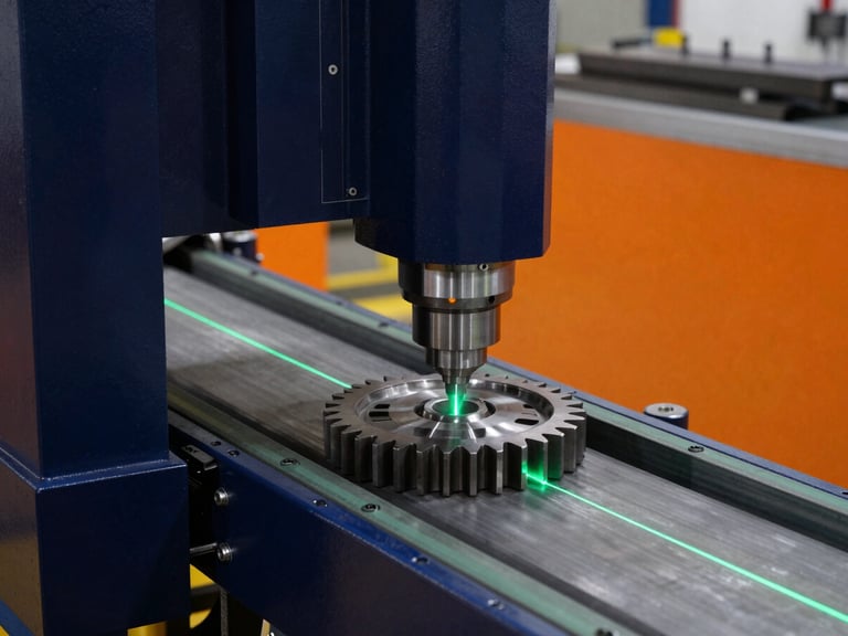 Industrial camera system inspecting a machined steel gear on a conveyor belt, glowing green laser line, high-contrast lighting, 35mm.