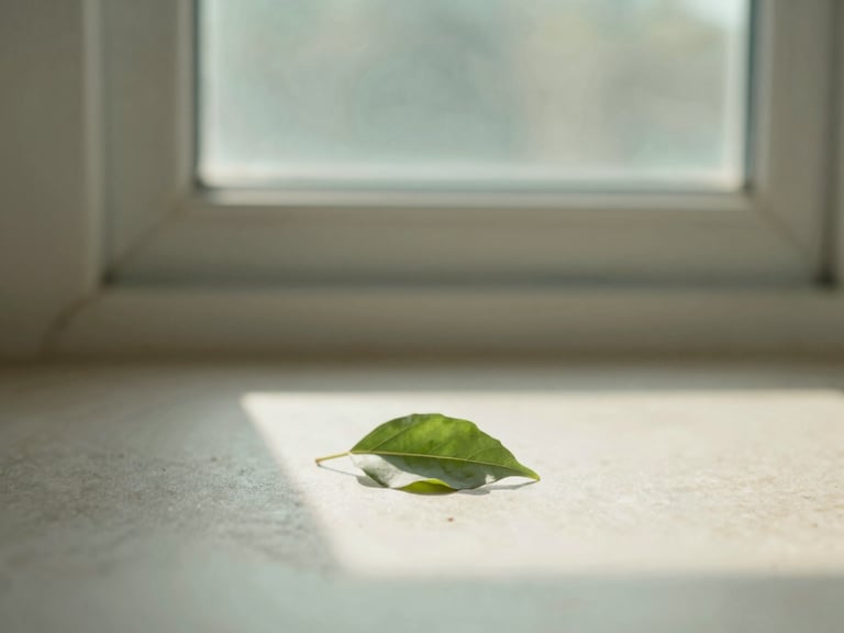 Soft morning sunlight filtering through a delicate green leaf, casting gentle shadows on a neutral stone surface, calm and hopeful mood