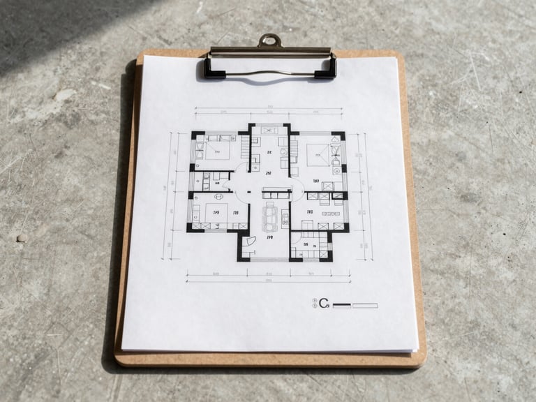 Straight-on architectural framing of a clean, organized construction site plan on a clipboard, high-contrast daylight, concrete background, technical and precise.