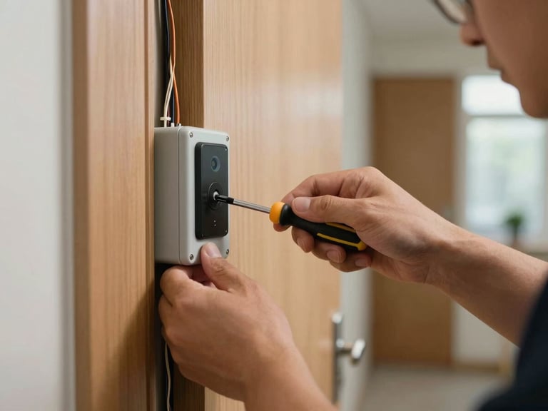 Close-up of a technician's hands mounting a door-access control panel onto a wooden door frame, screwdriver visible, exposed wiring neatly bundled, interior hallway in background under natural light