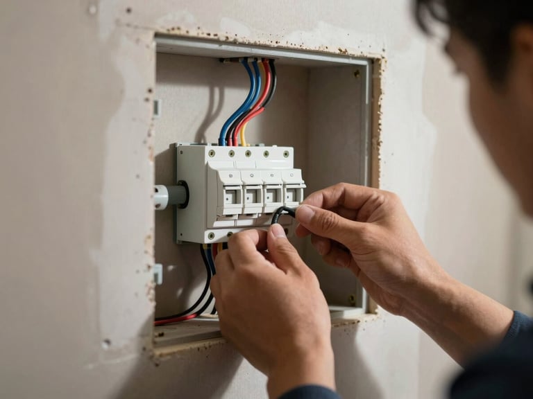 Close-up of a technician connecting low-voltage wiring to a recessed dimmer module inside an open wall panel, organized cable bundles visible, worklight casting sharp shadows, unfinished drywall surround