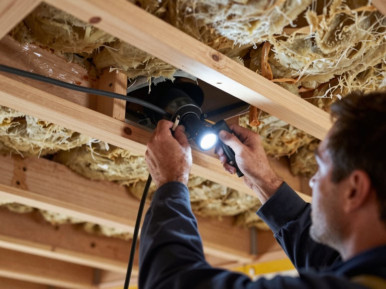 Over-the-shoulder view of a technician routing speaker cable through a ceiling joist cavity, flashlight visible, natural wood framing and insulation in background, documentary framing no staging