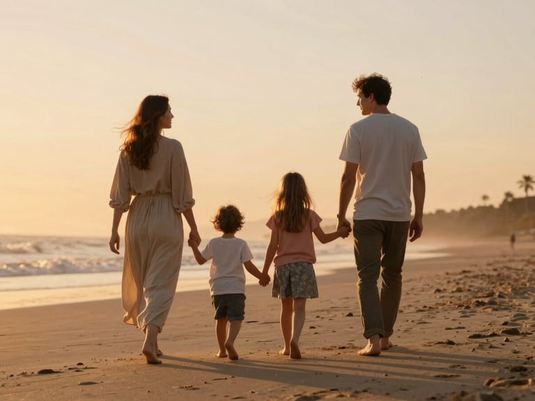 Warm cinematic photograph of a family walking hand-in-hand on a beach at sunset, golden hour light, shallow depth of field