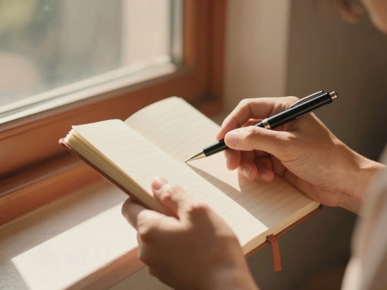 Warm cinematic photograph of hands holding a notebook and pen, soft natural light filtering through a window, shallow depth of field, terracotta accents