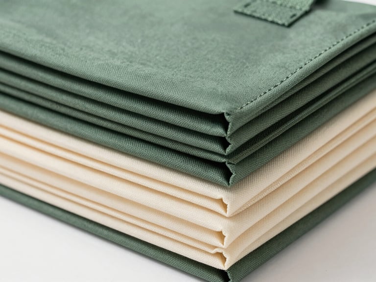 Straight-on clean studio product shot of neatly stacked nonwoven loop-handle bags in muted earthy forest green and raw cream colors, soft natural daylight, sharp macro detail, 35mm lens