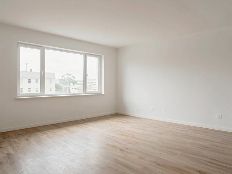 Wide environmental shot of the same living room completely cleared and cleaned, bare walls freshly wiped, clean floor without a trace of debris, natural daylight now filling the entire space through unobstructed windows, same framing angle as the before photo