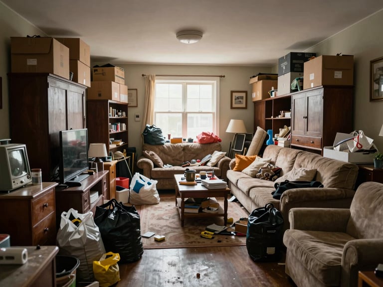Wide environmental shot of a cluttered living room packed with old furniture, cardboard boxes stacked to ceiling height, bags of miscellaneous items covering the floor, natural daylight from a window partially blocked, shot straight-on to show full extent of accumulated belongings