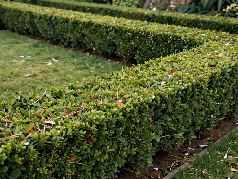 Environmental wide shot of a neat trimmed garden hedge after cutting, clean flat top and sides, cut debris on ground visible, natural daylight, no people, full hedge length in frame