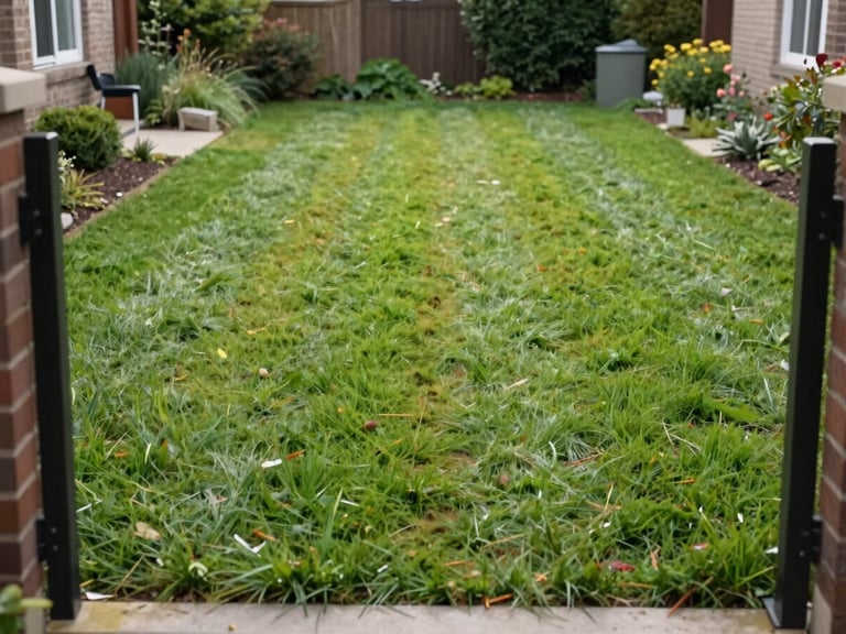 Environmental wide shot of the same residential garden after mowing, clean uniform grass height with visible mowing stripes, natural morning daylight, no people, full plot visible from garden gate perspective