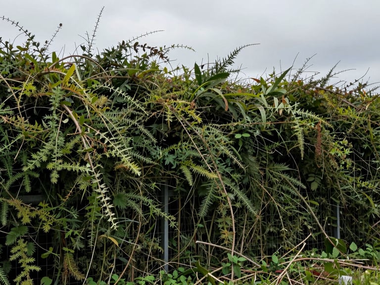 Environmental wide shot of an overgrown hedge before cutting, branches extending unevenly well beyond the fence line, natural overcast daylight, no people, full hedge length visible