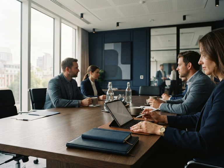 An elegant, high-end corporate office meeting room with soft natural daylight filtering through large windows, deep navy and slate tones, shallow depth of field, architectural details, 35mm photography.