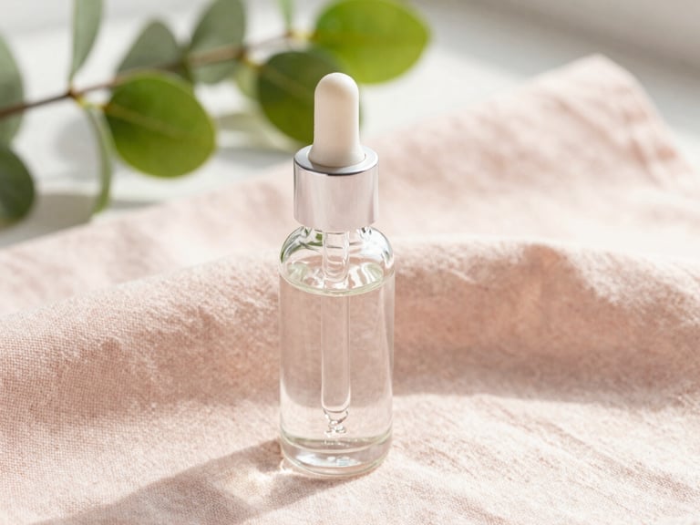 Close-up of a clear glass dropper bottle with serum, resting on a soft pink linen cloth under bright morning sunlight.