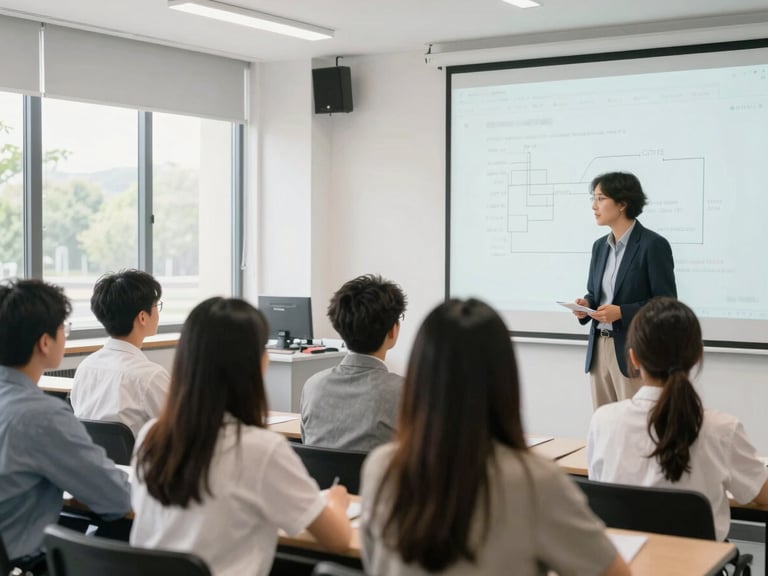 Group of students presenting an industry project to a faculty mentor in a modern classroom, bright natural daylight, clean indoor illumination, medium shot, professional students collaborating, authentic academic setting, 35mm, sharp focus