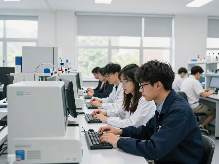 Students collaborating in a modern science lab, using advanced equipment, bright natural daylight, clean indoor illumination, medium shot, authentic academic setting, 35mm, sharp focus