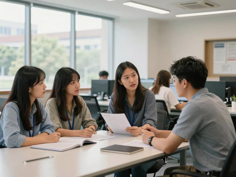 Student receiving mentorship from a faculty member in a campus career services office, discussing placement opportunities, bright natural daylight, clean indoor illumination, medium shot, authentic academic setting, 35mm, sharp focus