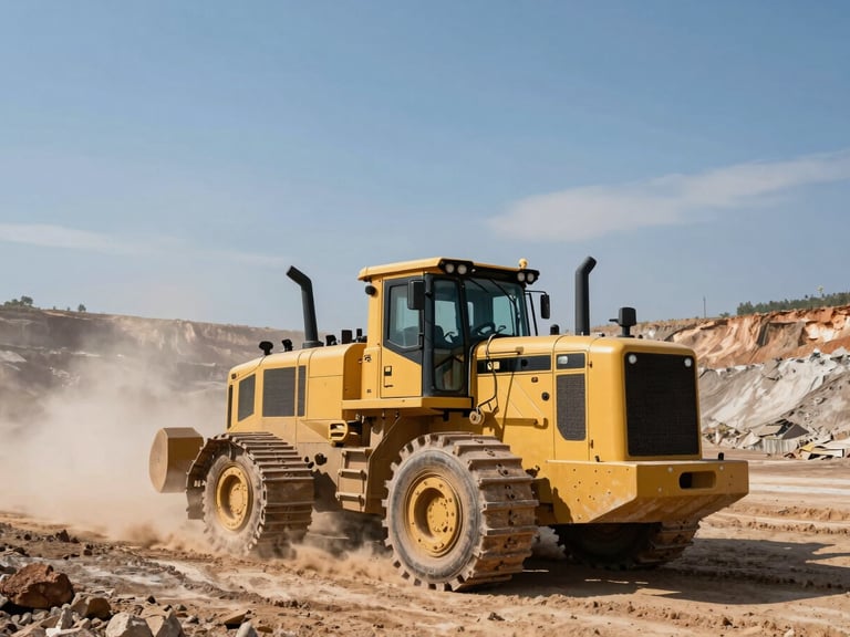 A yellow heavy-duty mining dozer operating in a wide open-pit copper mine under harsh daylight, dust clouds, expansive blue sky.