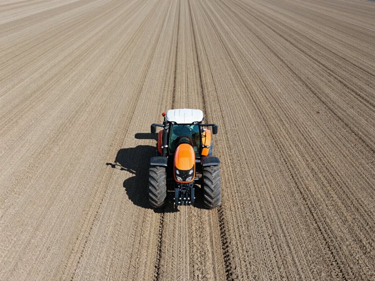 Wide-angle aerial shot of a modern tractor driving a perfectly straight line in a vast agricultural field, visible precision tracks, bright daylight.