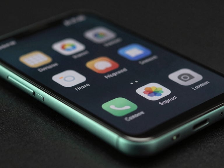 Macro close-up of a physical Android flagship screen displaying a custom launcher, low-key studio lighting with soft mint-green ambient glows reflecting off the curved glass edges, high-contrast dark-mode interface details