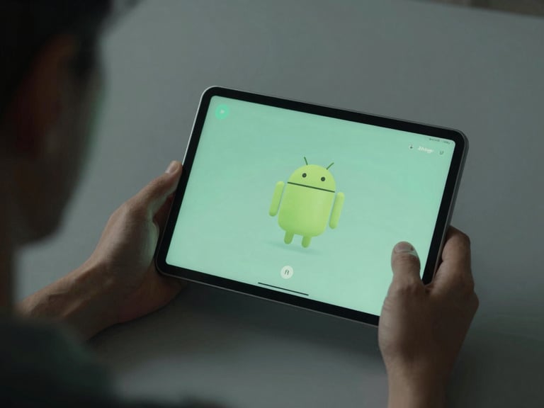 Over-the-shoulder view of a product designer testing a custom Android launcher on a physical tablet, low-key studio lighting with soft mint-green highlights