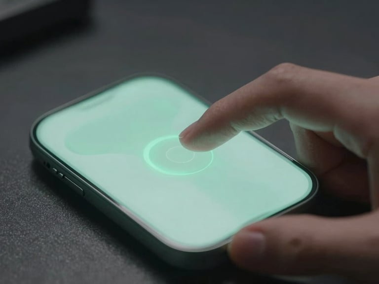Macro close-up of a hand interacting naturally with a custom Android interface, soft mint-green light highlighting the ergonomic touch zones, dark technical background