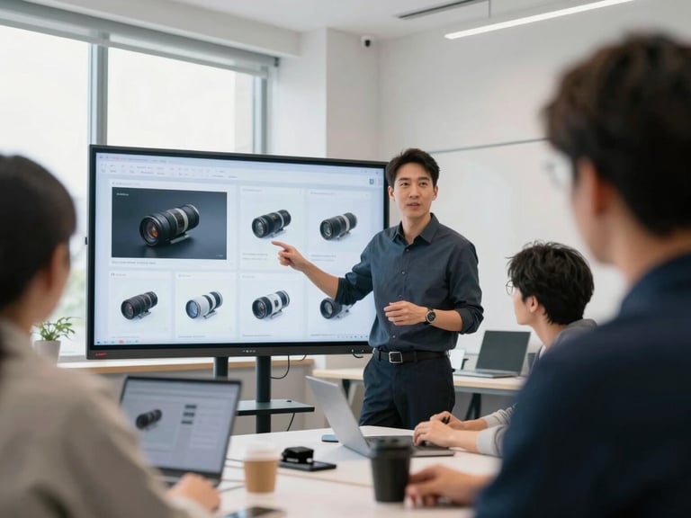Collaborative workshop setting, a person presenting a digital project on a screen, bright studio lighting, modern inclusive environment, clean tech photography, 35mm lens