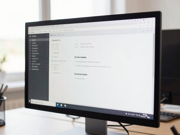 Close-up of a clean tech workspace showing a monitor with specialized accessible software, bright natural daylight, crisp details, clean tech photography