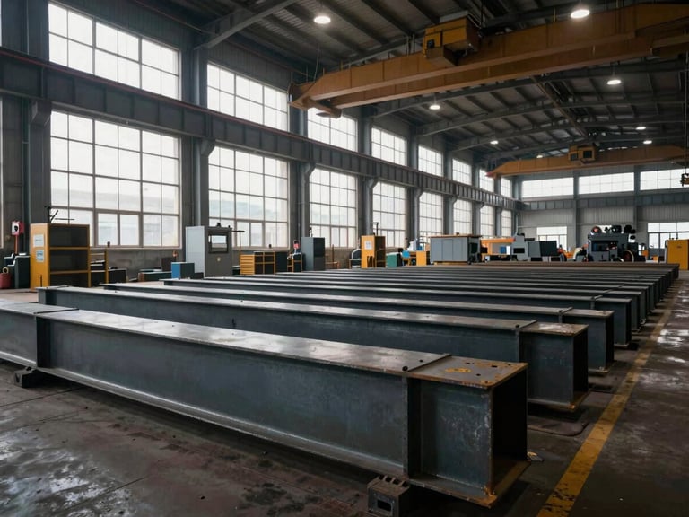 Wide environmental shot of the heavy fabrication floor, overhead cranes visible against high factory bay windows, raw structural steel beams stacked in the foreground, dramatic industrial lighting.