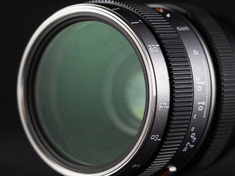 Close-up of a Freewell Variable ND filter, showing the rotating rings with clear markings, subtle green anti-reflective coating reflections, dramatic studio lighting, macro, 85mm.