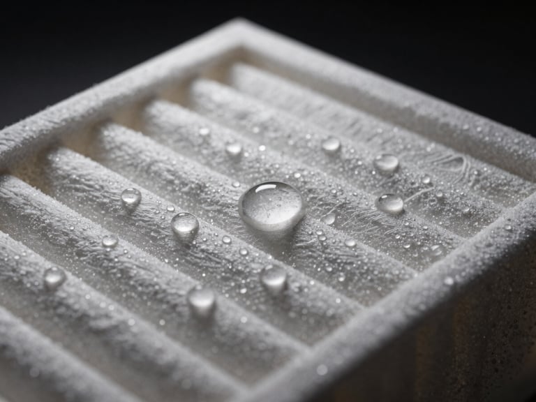 Extreme macro of water droplets beading on a Freewell filter surface, showing the hydrophobic effect, sharp focus on the water and glass, dark background, low-key premium product photography.